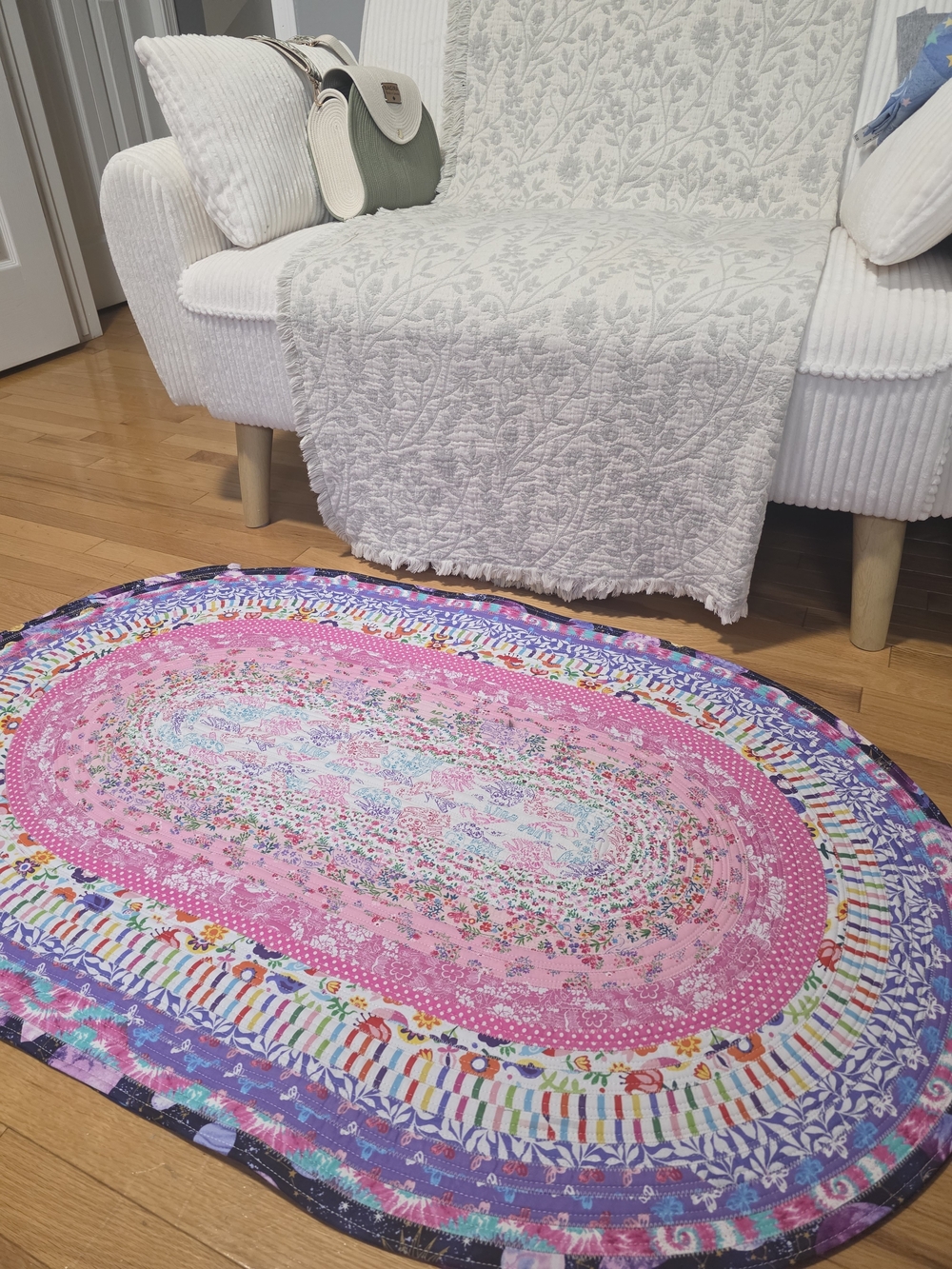 Colorful Oval Patchwork Rug - Pink & Multi - JELLY ROLL RUG - Picture 3 of 3